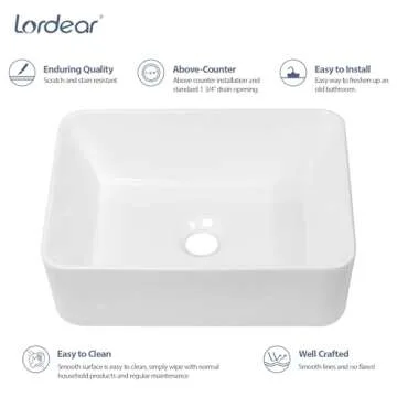 Lordear Vessel Sink Rectangular 16"x12" Rectangle Bathroom Sink Pure White Porcelain Ceramic Vessel Sink, Rectangular Above Counter Sink Art Basin