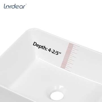 Lordear Vessel Sink Rectangular 16"x12" Rectangle Bathroom Sink Pure White Porcelain Ceramic Vessel Sink, Rectangular Above Counter Sink Art Basin
