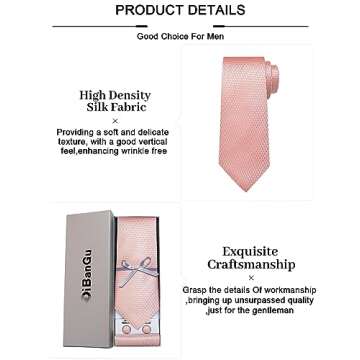 DiBanGu Mens Silk Necktie Solid Color Tie and Pocket Square Cufflink Tie Clip Set Woven Plain Ties for Men Wedding Party, Rose Gold