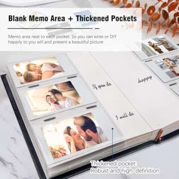 Photo Album for Fujifilm Instax Mini Camera, Photo Album for Polaroid, Leather Cover, 180 Pockets 2x3 Photo Album with Writing Space for Instax Mini 12 11 9 40 8 7 Evo LiPlay Instant Camera (Black)