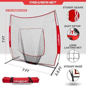 PowerNet Baseball & Softball Practice Net 7x7 FT, Outdoor Baseball Training Equipment for Pitching & Batting Practice (Red Net)