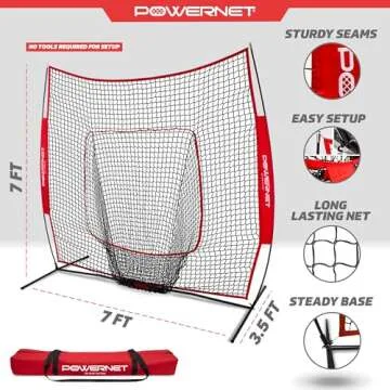 PowerNet Baseball & Softball Practice Net 7x7 FT, Outdoor Baseball Training Equipment for Pitching & Batting Practice (Red Net)