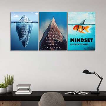 Urttiiyy Inspirational Entrepreneur Quote Wall Art Success Iceberg Painting Office Decor Mindset is Everything Motivational Goldfish Poster 3 Pieces for Office Living Room Framed Ready to Hang