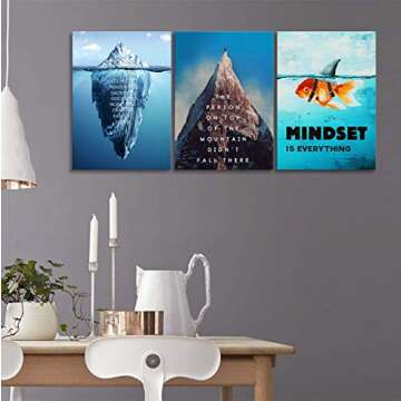 Urttiiyy Inspirational Entrepreneur Quote Wall Art Success Iceberg Painting Office Decor Mindset is Everything Motivational Goldfish Poster 3 Pieces for Office Living Room Framed Ready to Hang