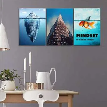 Urttiiyy Inspirational Entrepreneur Quote Wall Art Success Iceberg Painting Office Decor Mindset is Everything Motivational Goldfish Poster 3 Pieces for Office Living Room Framed Ready to Hang