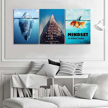 Urttiiyy Inspirational Entrepreneur Quote Wall Art Success Iceberg Painting Office Decor Mindset is Everything Motivational Goldfish Poster 3 Pieces for Office Living Room Framed Ready to Hang