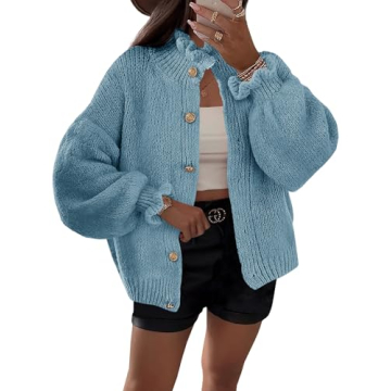 Saodimallsu Womens Ruffle Cardigan Oversized Button Up Fall Trendy Ribbed Knit Open Front Long Sleev...