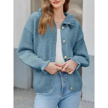 Saodimallsu Womens Ruffle Cardigan Oversized Button Up Fall Trendy Ribbed Knit Open Front Long Sleeve Loose Cute Sweater Blue