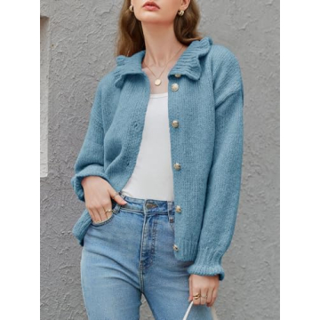Saodimallsu Womens Ruffle Cardigan Oversized Button Up Fall Trendy Ribbed Knit Open Front Long Sleeve Loose Cute Sweater Blue
