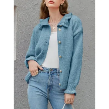 Saodimallsu Womens Ruffle Cardigan Oversized Button Up Fall Trendy Ribbed Knit Open Front Long Sleeve Loose Cute Sweater Blue