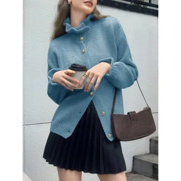 Saodimallsu Womens Ruffle Cardigan Oversized Button Up Fall Trendy Ribbed Knit Open Front Long Sleeve Loose Cute Sweater Blue