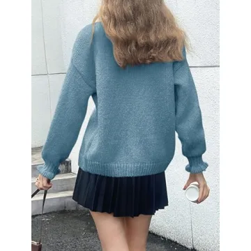 Saodimallsu Womens Ruffle Cardigan Oversized Button Up Fall Trendy Ribbed Knit Open Front Long Sleeve Loose Cute Sweater Blue