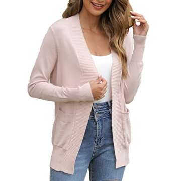 VOIANLIMO Women's Open Front Long Sleeve Knit Casual Soft Light Pink Cardigan Sweater with Pockets L...