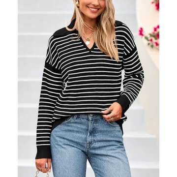 BTFBM Women's Striped Long Sleeve Sweater V Neck Lapel Collar 2024 Fall Winter Fashion Ribbed Knit L...