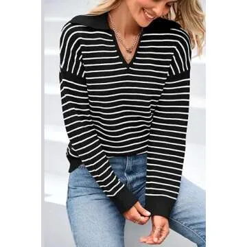 BTFBM Women's Striped Long Sleeve Sweater V Neck Lapel Collar 2024 Fall Winter Fashion Ribbed Knit Loose Pullover Tops(Striped Black White, Small)