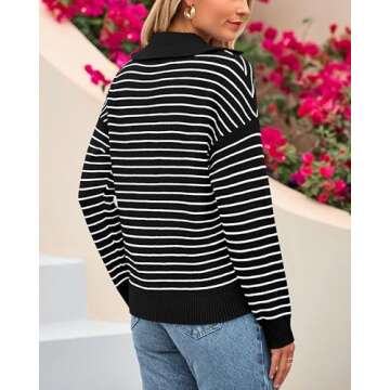 BTFBM Women's Striped Long Sleeve Sweater V Neck Lapel Collar 2024 Fall Winter Fashion Ribbed Knit Loose Pullover Tops(Striped Black White, Small)