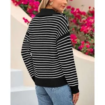 BTFBM Women's Striped Long Sleeve Sweater V Neck Lapel Collar 2024 Fall Winter Fashion Ribbed Knit Loose Pullover Tops(Striped Black White, Small)