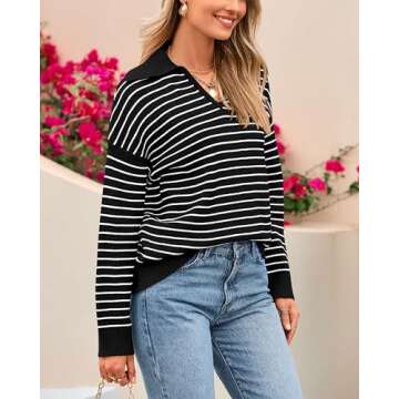 BTFBM Women's Striped Long Sleeve Sweater V Neck Lapel Collar 2024 Fall Winter Fashion Ribbed Knit Loose Pullover Tops(Striped Black White, Small)