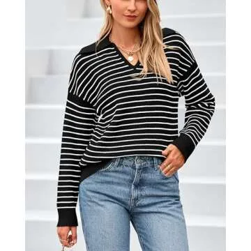 BTFBM Women's Striped Long Sleeve Sweater V Neck Lapel Collar 2024 Fall Winter Fashion Ribbed Knit Loose Pullover Tops(Striped Black White, Small)