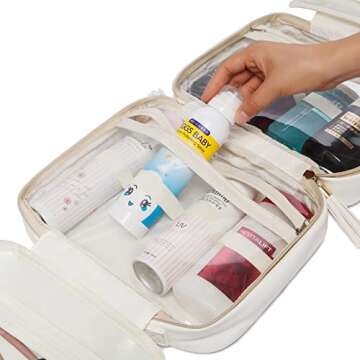 LACATTURA Hanging Toiletry Bag for Women, Leather Travel Makeup Bag, Large Cosmetic Organizer, 4 Layers Portable Waterproof Hygiene Bag, Bathroom Organizer for Shampoo, Make up, Personal Item, White