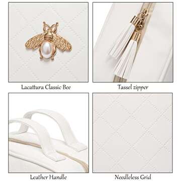 LACATTURA Hanging Toiletry Bag for Women, Leather Travel Makeup Bag, Large Cosmetic Organizer, 4 Layers Portable Waterproof Hygiene Bag, Bathroom Organizer for Shampoo, Make up, Personal Item, White