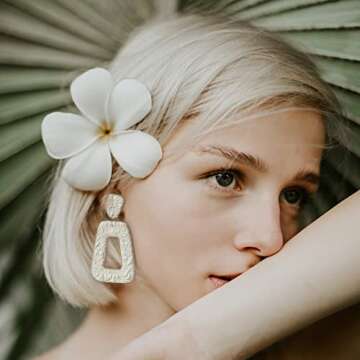 Shrandi Handmade Oval Hoop White Earrings Dangling Statement Drop Earrings For Women Lightweight Dan...