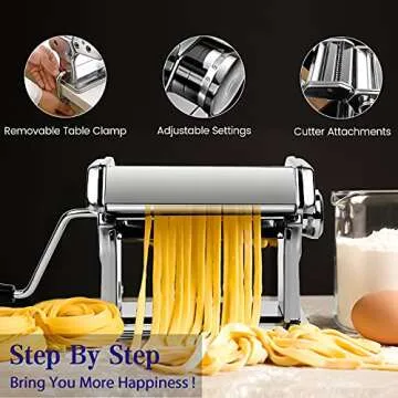 Pasta Maker Machine - Heavy Duty Steel Construction - 150 Roller with Pasta Cutter - 7 Adjustable Thickness Settings, Hand Crank and Instructions