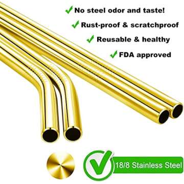 Vinaco 8.5" and 10.5" Big Smoothie Straws & Milkshake Straws, 4 Pack Food-grade Stainless Steel Straws 0.4" Wide Mouth Straw for Smoothie, Milkshakes, Thick Drinks, Gold Metal Straws Reusable