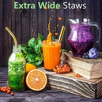 Vinaco 8.5" and 10.5" Big Smoothie Straws & Milkshake Straws, 4 Pack Food-grade Stainless Steel Straws 0.4" Wide Mouth Straw for Smoothie, Milkshakes, Thick Drinks, Gold Metal Straws Reusable