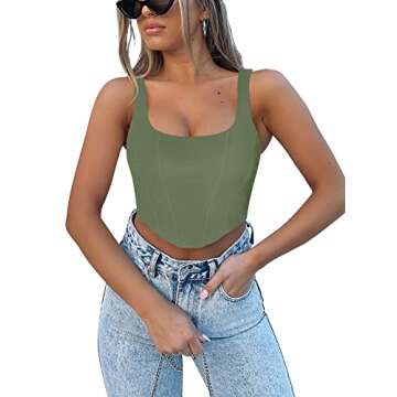REORIA Women's Summer Sexy Square Neck Sleeveless Trendy Night Club Cropped Tank Top Cute Going Out Bustier Corset Crop Tops Dark Green Medium