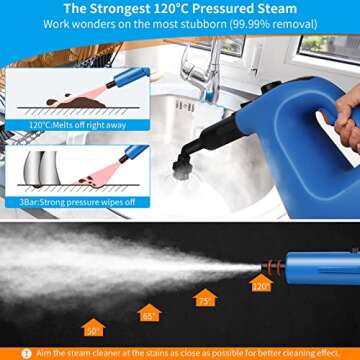 Handheld Steam Cleaner, Steamer for Cleaning, with Steam Lock Button for Hands-free Steaming, Continuous Steam with Unlimited Use Time, 120℃ Pressurized Steam, Full Accessory Set for Home, Bathroom