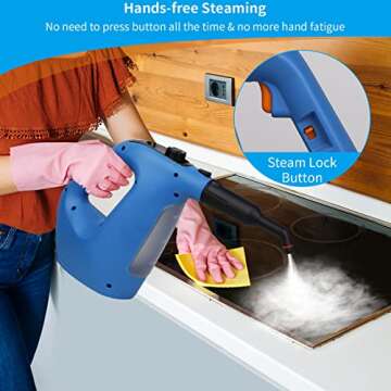 Handheld Steam Cleaner, Steamer for Cleaning, with Steam Lock Button for Hands-free Steaming, Continuous Steam with Unlimited Use Time, 120℃ Pressurized Steam, Full Accessory Set for Home, Bathroom