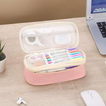 Tergopa Pencil Case Aesthetic Pencil Bag with Zipper Pencil Pouch Big for Girls Kids Teens Adults Stationery Pencil Case Organizer for School Pink