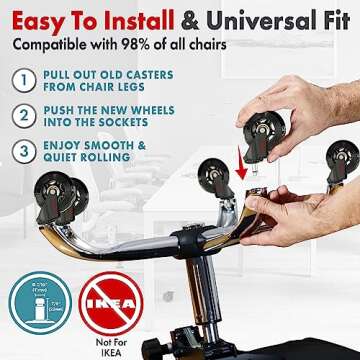 Office Chair Wheels Replacement Set - Soft Desk Chair Casters for Wood Hardwood Floors & Carpet - Heavy Duty & Safe For All Floors Without Chair Mats - Fits 98% Computer Gaming & Office Chairs - Black