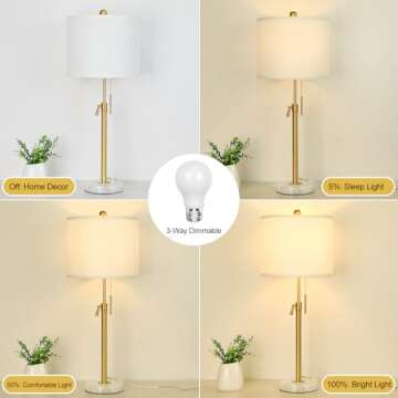 Lamp Modern Set of 2: 22" to 30" Height Adjustable Pull Chain Switch for Living Room Bedroom End Table, Marble Base White Linen Shade Golden Pole Nightstand Lamp Brass for Office, Bedside Table