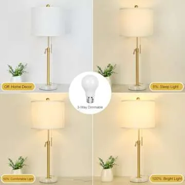 Lamp Modern Set of 2: 22" to 30" Height Adjustable Pull Chain Switch for Living Room Bedroom End Table, Marble Base White Linen Shade Golden Pole Nightstand Lamp Brass for Office, Bedside Table