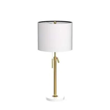 Lamp Modern Set of 2: 22" to 30" Height Adjustable Pull Chain Switch for Living Room Bedroom End Table, Marble Base White Linen Shade Golden Pole Nightstand Lamp Brass for Office, Bedside Table