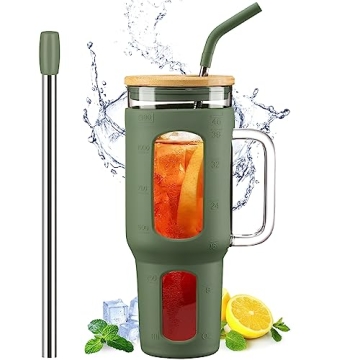 WINSA 46 oz Glass Tumbler with Bamboo Lid & Straws