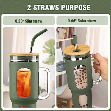 WINSA 46 oz Glass Tumbler with Bamboo Lid & Straws