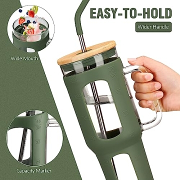 WINSA 46 oz Glass Tumbler with Bamboo Lid & Straws