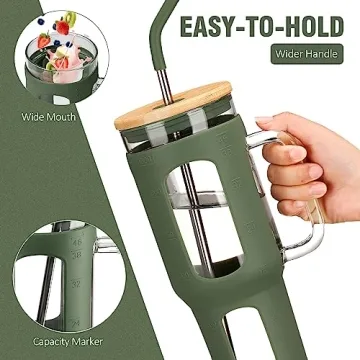 WINSA 46 oz Glass Tumbler with Bamboo Lid & Straws