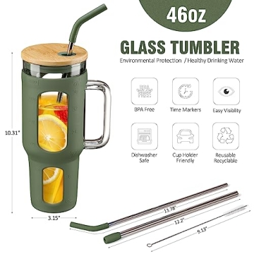 WINSA 46 oz Glass Tumbler with Bamboo Lid & Straws