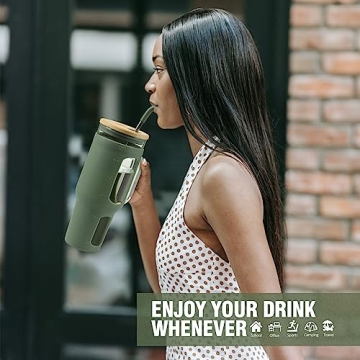 WINSA 46 oz Glass Tumbler with Bamboo Lid & Straws