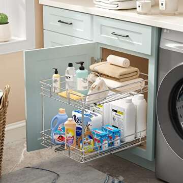 ROOMTEC Pull Out Cabinet Organizer, Kitchen Cabinet Organizer and Storage 2-Tier Cabinet Pull Out Shelves Under Cabinet Storage for Kitchen 11" W x 21" D, Chrome