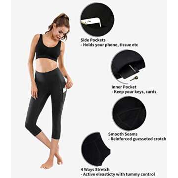 Lingswallow High Waist Yoga Pants - Yoga Pants with Pockets Tummy Control, 4 Ways Stretch Workout Running Yoga Leggings (Capris Black, Medium)