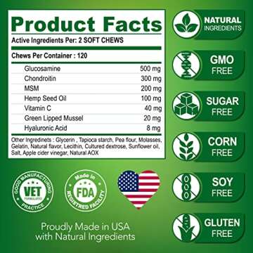 Glucosamine for Dogs - Hip and Joint Supplement for Dogs - Glucosamine Chondroitin - Joint Pain Relief Pills - MSM - Hemp Oil - Advanced Health Support Supplement - 120 Mobility Chews - Made in USA