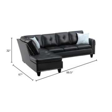 Trent Home 99.5" W x 67" D Transitional PU Faux Leather Sectional Sofa with Chaise Lounge & Storage Ottoman, Tufted Back & Seat, Nail Head Trim, in Black Finish