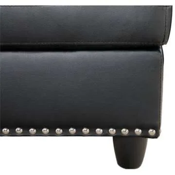 Trent Home 99.5" W x 67" D Transitional PU Faux Leather Sectional Sofa with Chaise Lounge & Storage Ottoman, Tufted Back & Seat, Nail Head Trim, in Black Finish