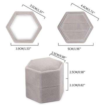 DesignSter Velvet Ring Box Hexagon - Premium Gorgeous Vintage Double Ring Display Holder with Detachable Lid for Proposal, Engagement, Wedding, Ceremony (Gray)