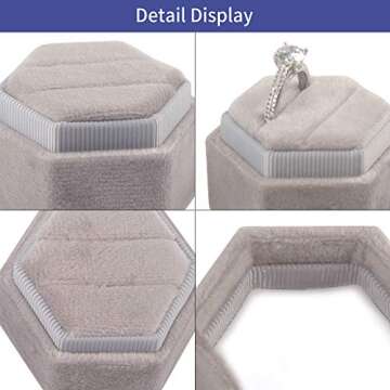 DesignSter Velvet Ring Box Hexagon - Premium Gorgeous Vintage Double Ring Display Holder with Detachable Lid for Proposal, Engagement, Wedding, Ceremony (Gray)